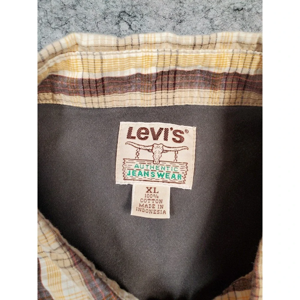 Vintage Levis Authentic Jeans Wear Western Pearl Snap Shirt Brown Plaid Mens XL